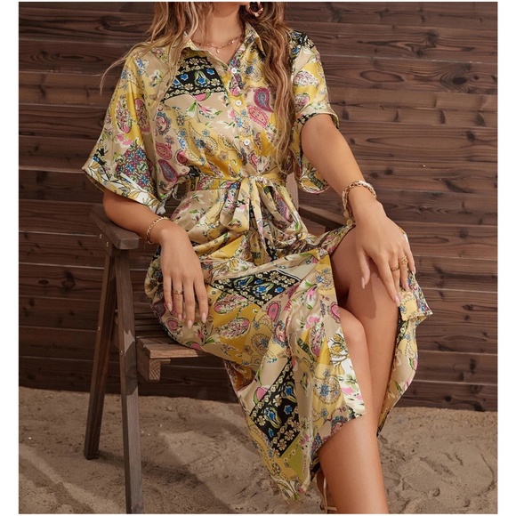 Dresses & Skirts - Boho Paisley Print Button up satin Dress